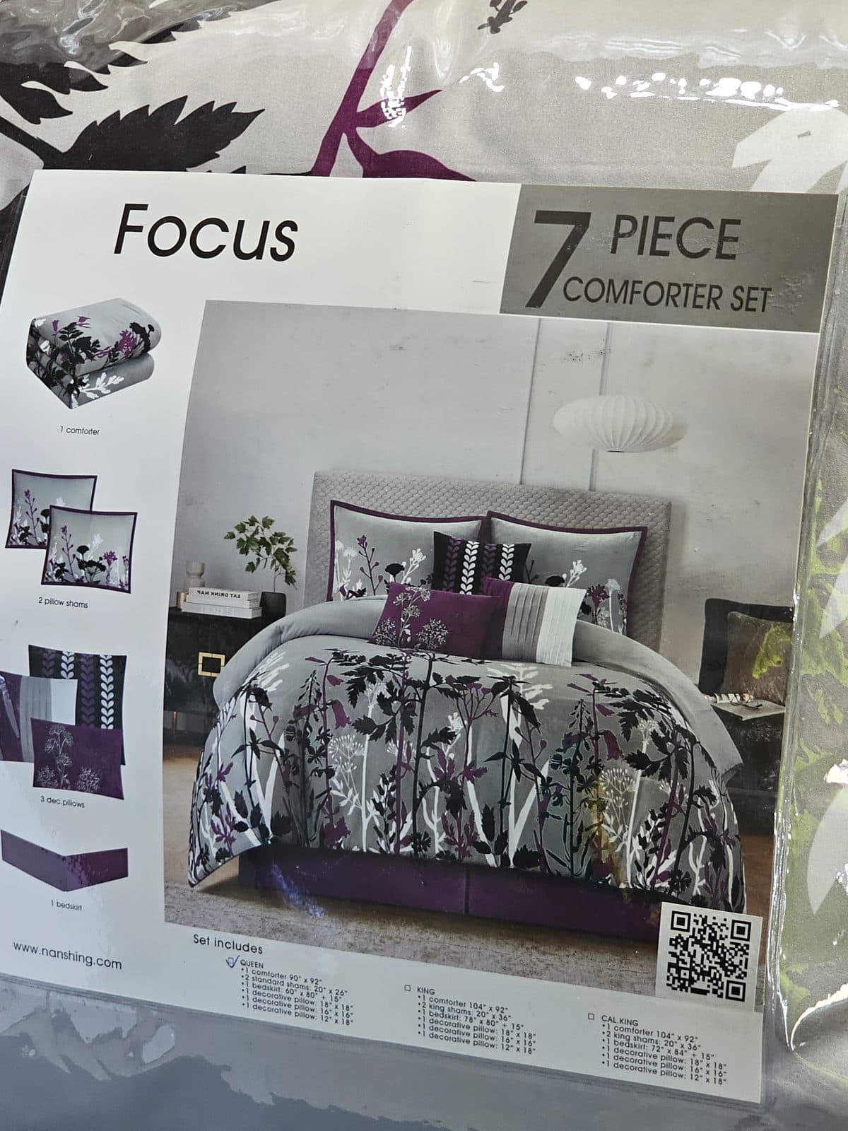 Focus 7-Piece Comforter Set - Gray/Purple Floral - Queen