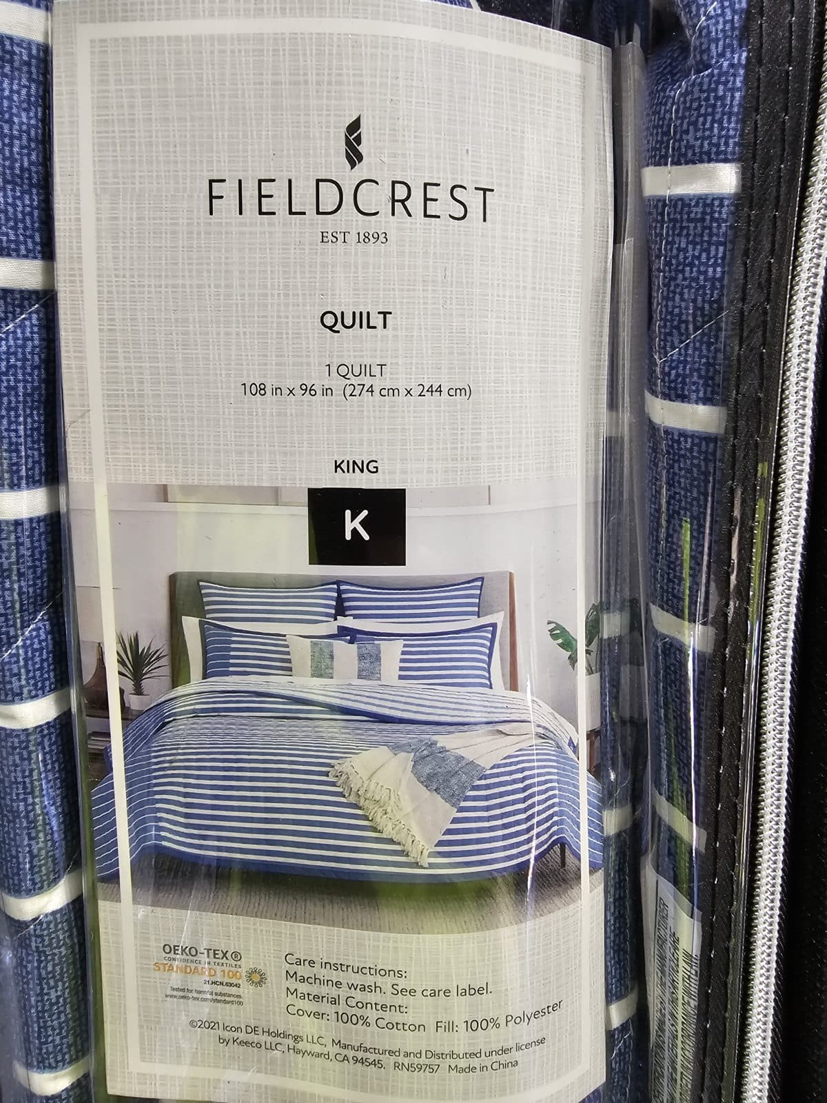 Fieldcrest Cotton Quilt - Blue/White Stripe - King