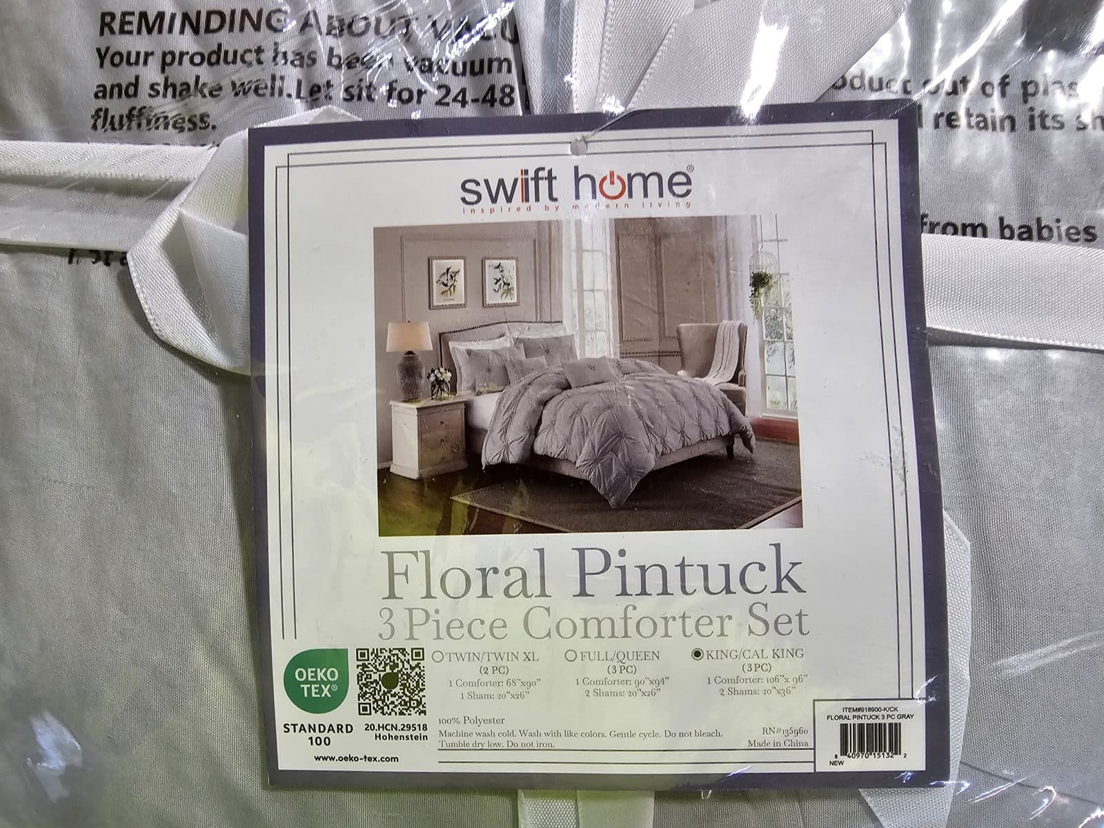 Swift Home Floral Pintuck 3-Piece Comforter Set - Gray - King/Cal King