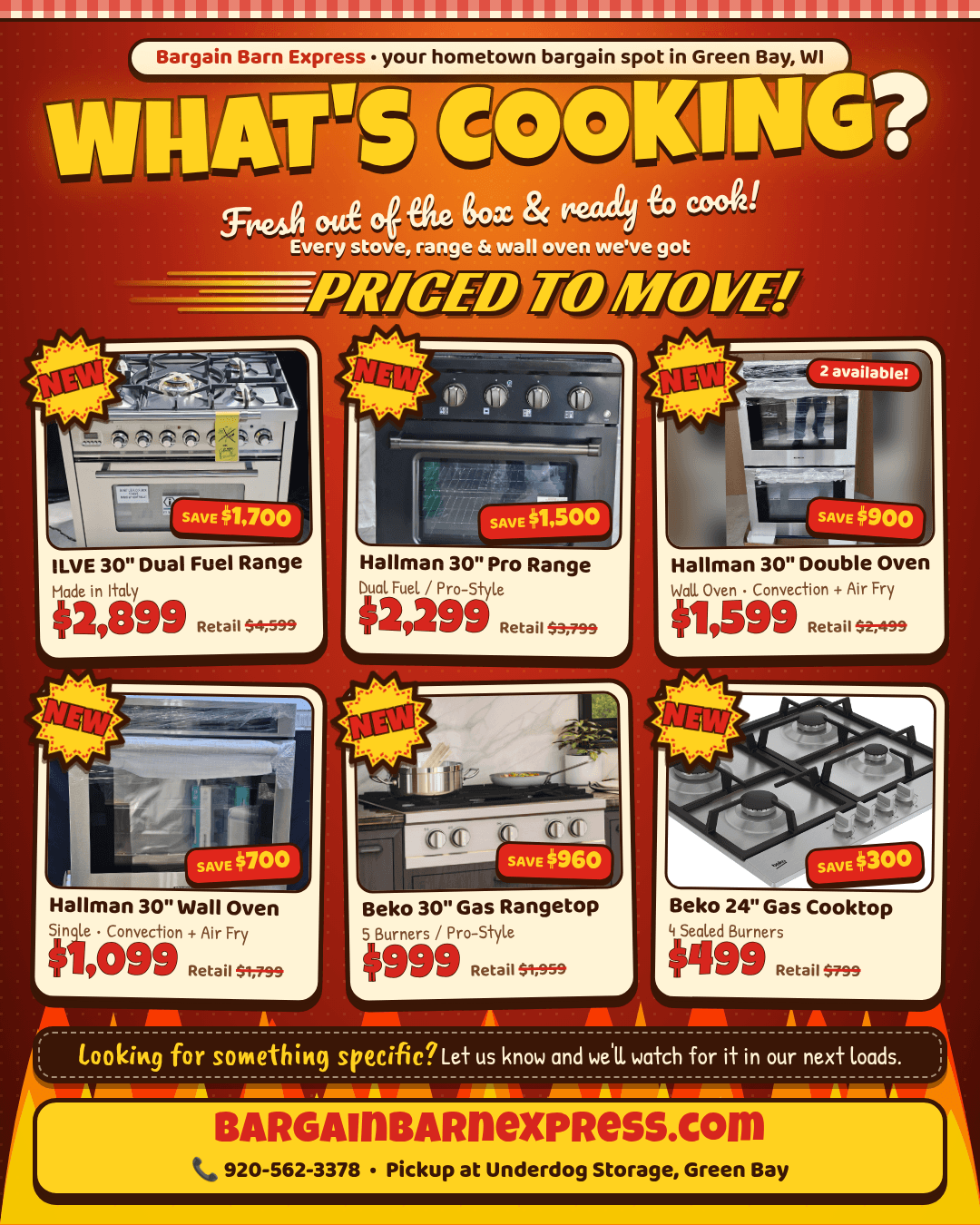 What's Cooking at Bargain Barn Express in Green Bay. Six stoves: Ilve 30-inch dual fuel range, Hallman 30-inch professional dual fuel range, Hallman 30-inch double wall oven, Hallman 30-inch single wall oven, Beko 30-inch gas rangetop, and Beko 24-inch gas cooktop.